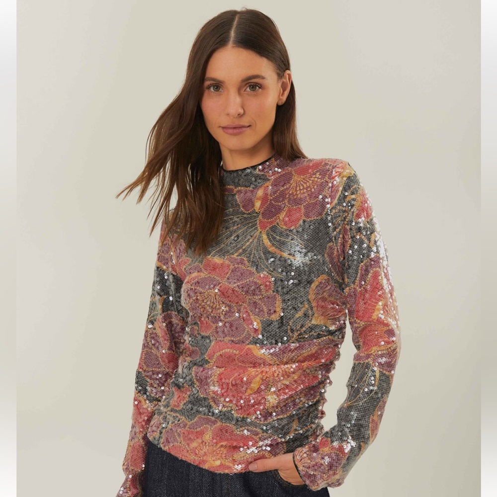 NWT Farm Rio Chita Tulle Black Flower Sequin Top